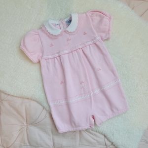 Friedknit Creations | Vintage Baby Girl Pink & White Sweater Onsie/Romper | 9M